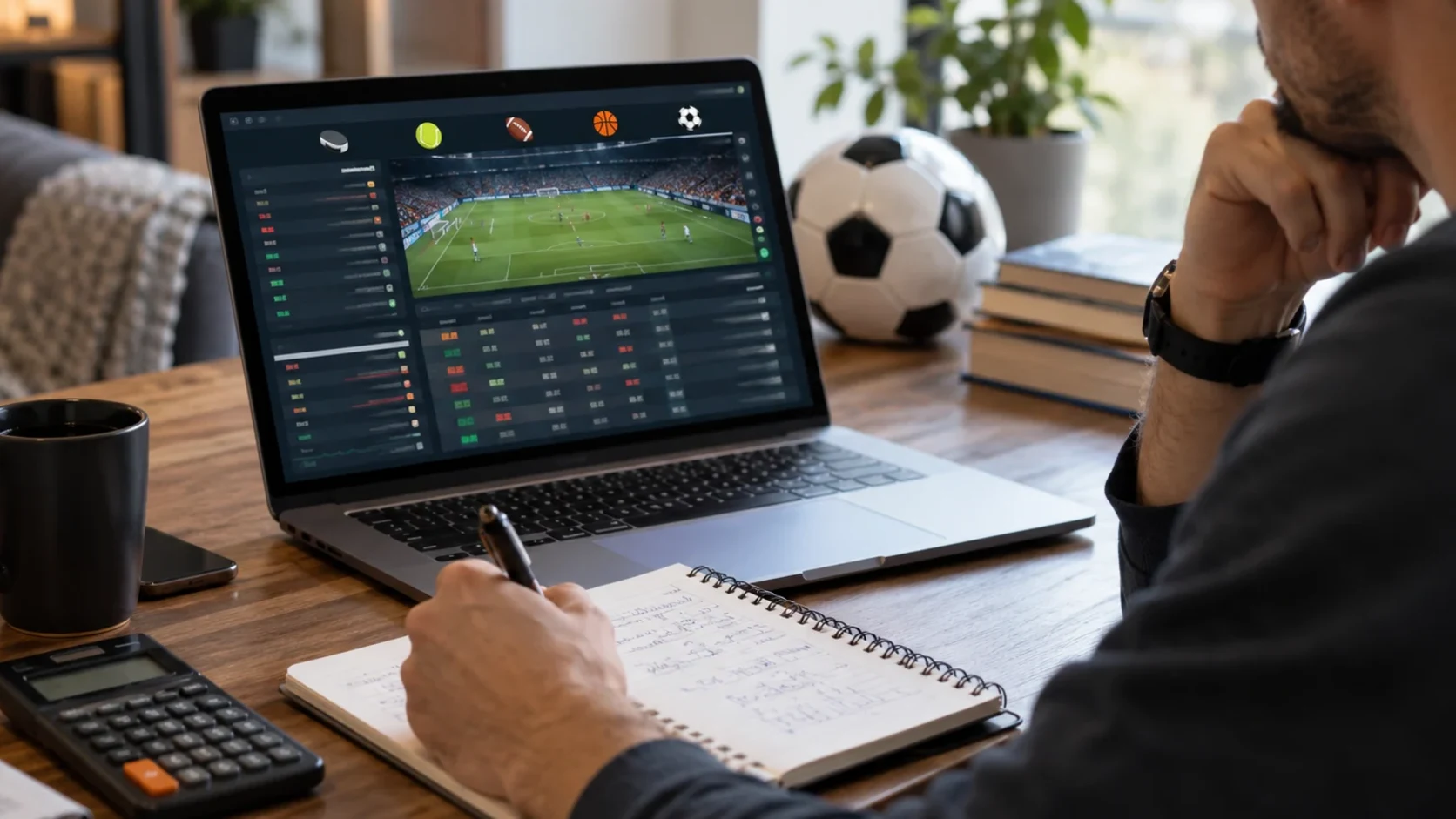 Canadian bettor analysing soccer odds and handicap lines on a laptop at home
