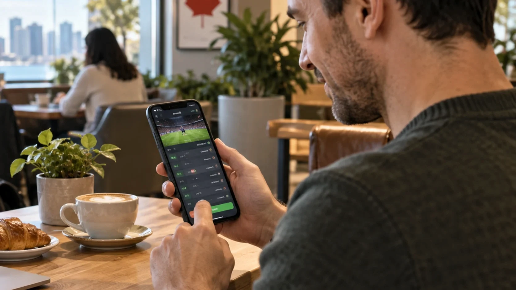 Canadian soccer bettor checking a Both Teams to Score market on a phone