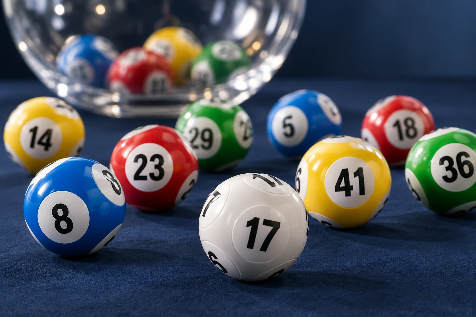 Colourful numbered lottery balls on a navy table