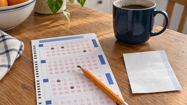Lottery selection slip and pencil on a table