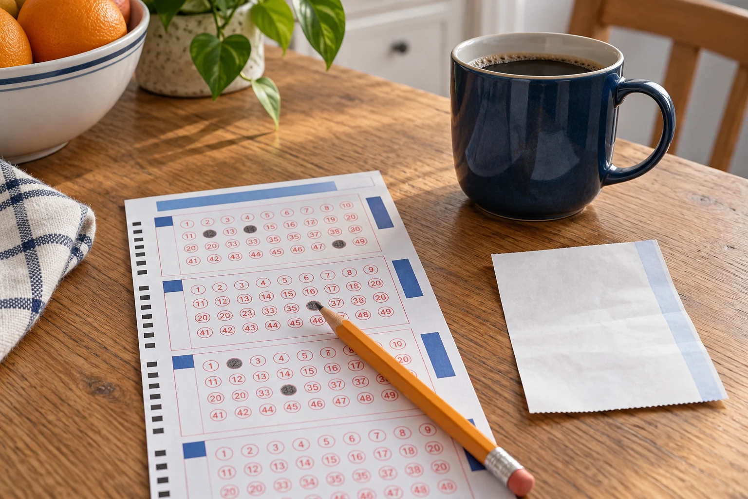 Lottery selection slip and pencil beside coffee on a wooden table