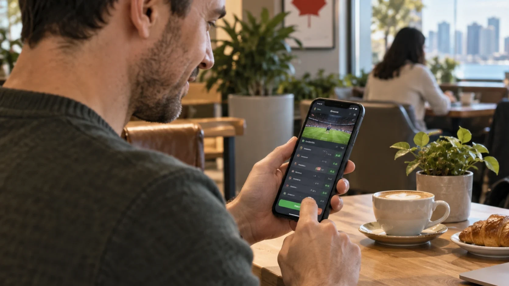 Canadian soccer bettor checking a generic betting market on a phone in a cafe