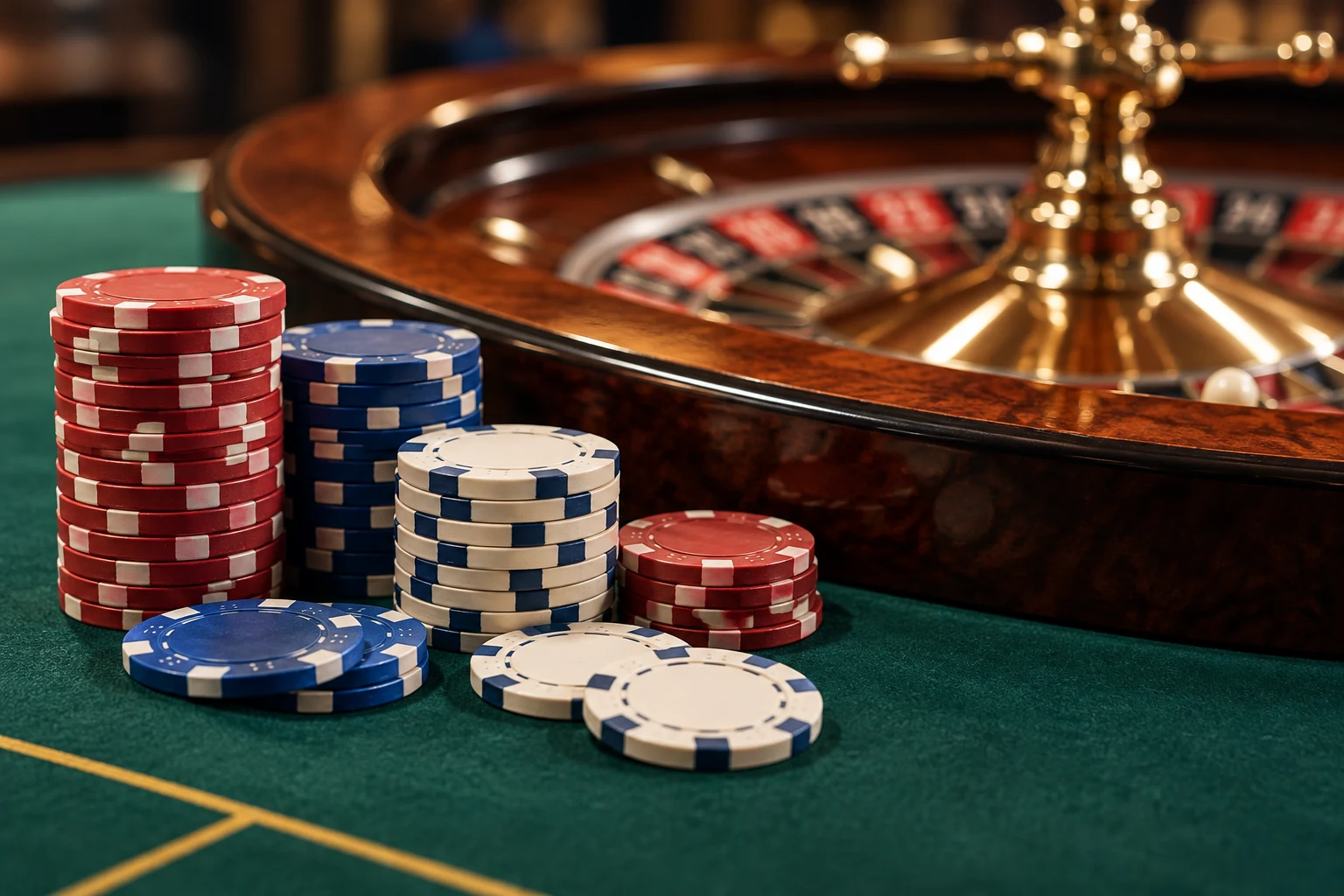 Casino chips on green roulette felt beside a wooden wheel