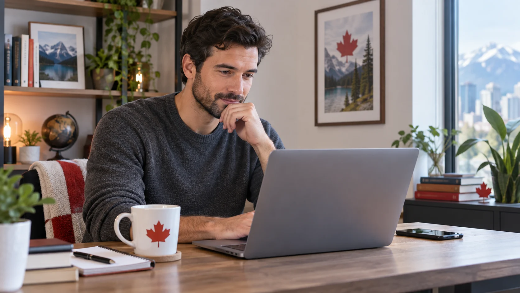 Canadian bettor setting up an online betting account from a tidy home office