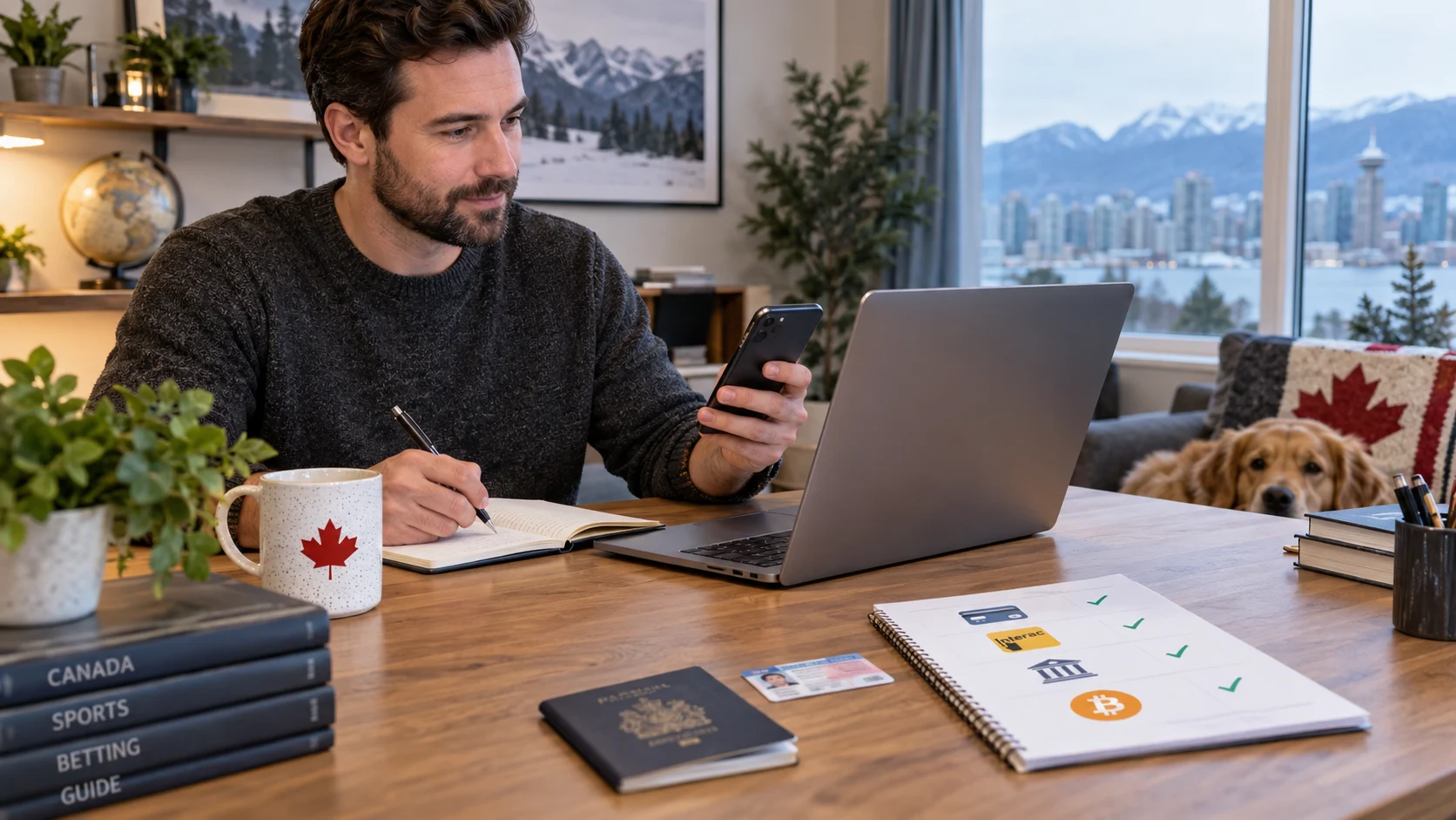 Canadian player reviewing deposit, verification and betting details on a laptop at home