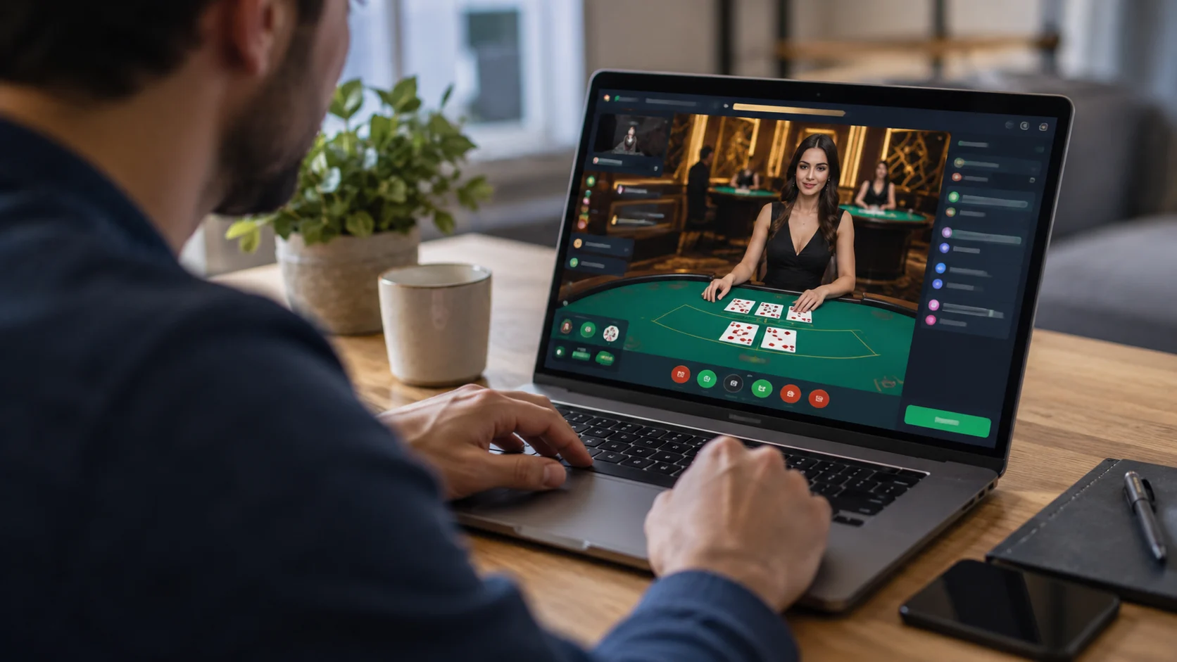 Live dealer casino experience shown on a desktop setup in a cozy room
