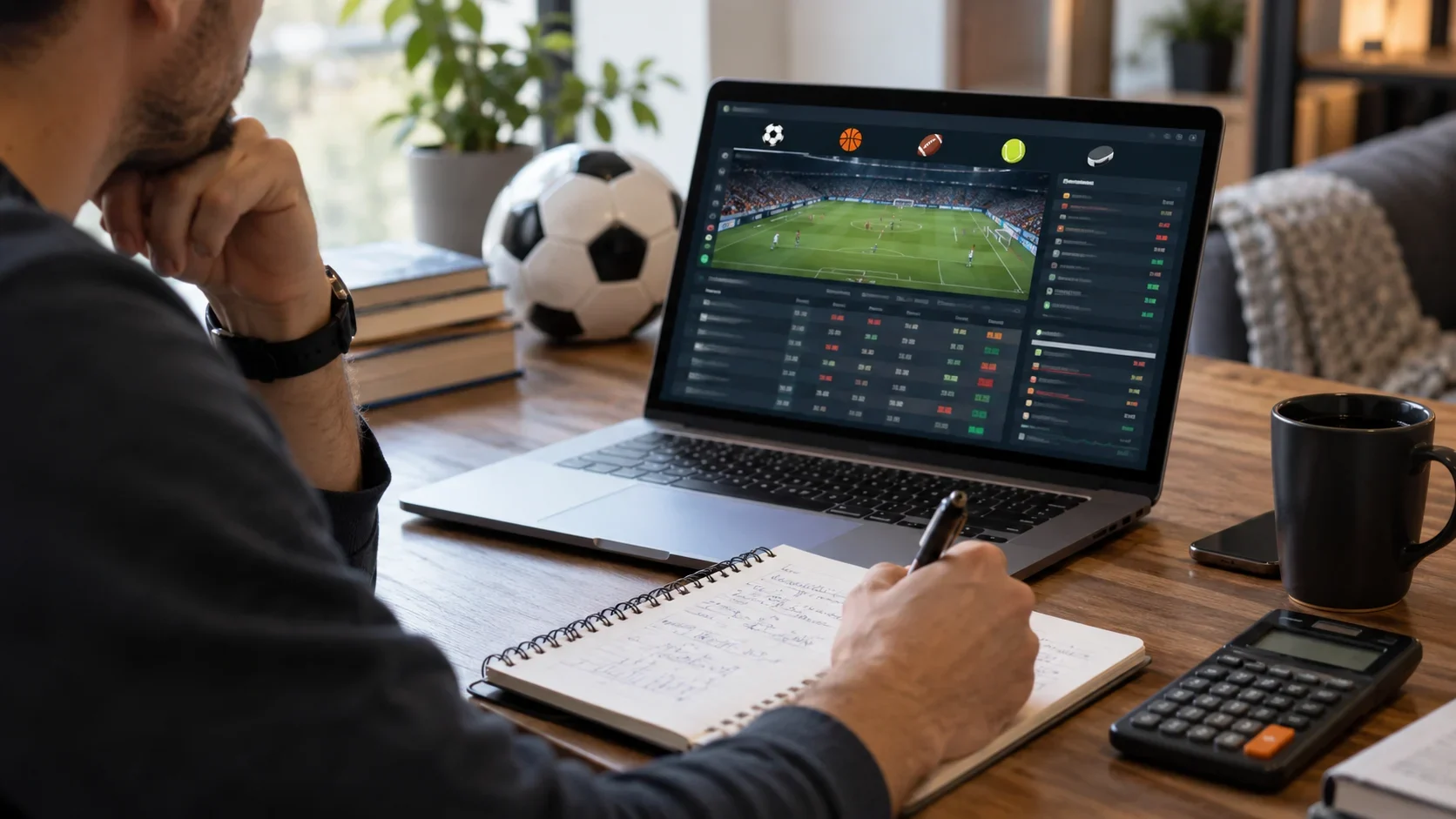 Soccer bettor analysing a match and betting prices on a laptop at home