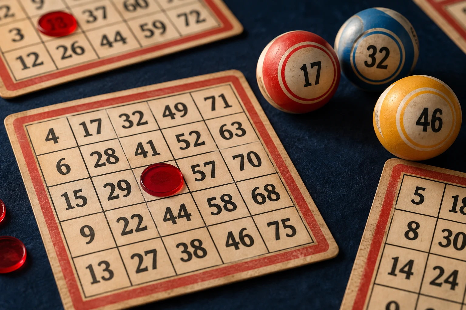 Classic bingo cards with colourful numbered balls on navy felt