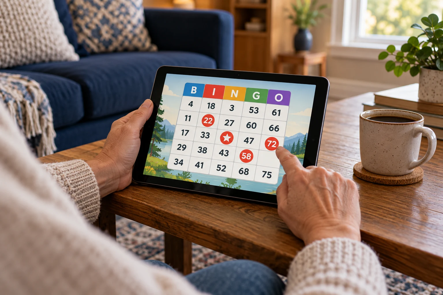 Adult using a tablet with a generic bingo game beside a coffee mug at home