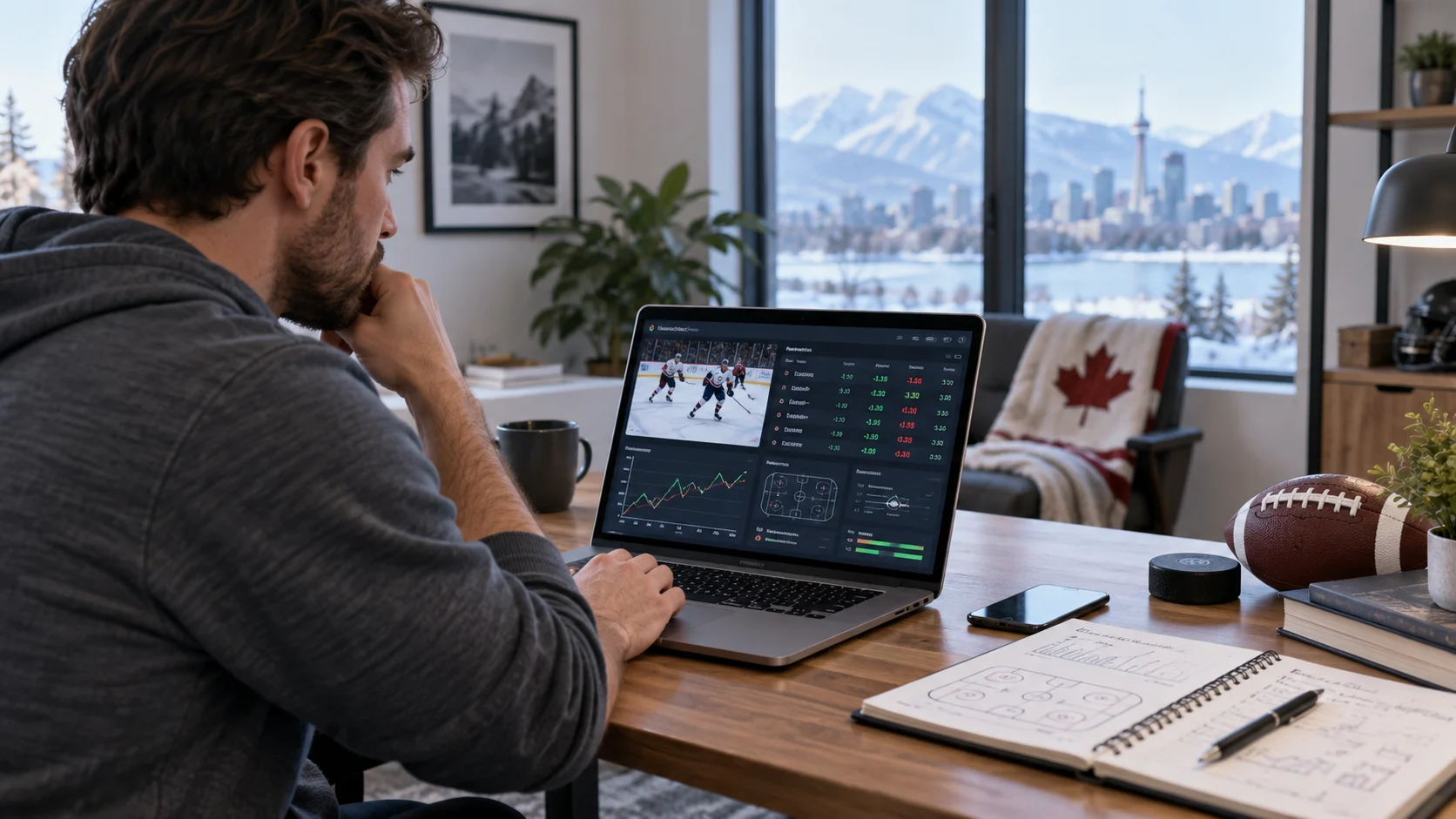 Canadian sports fan checking betting information from a comfortable home office
