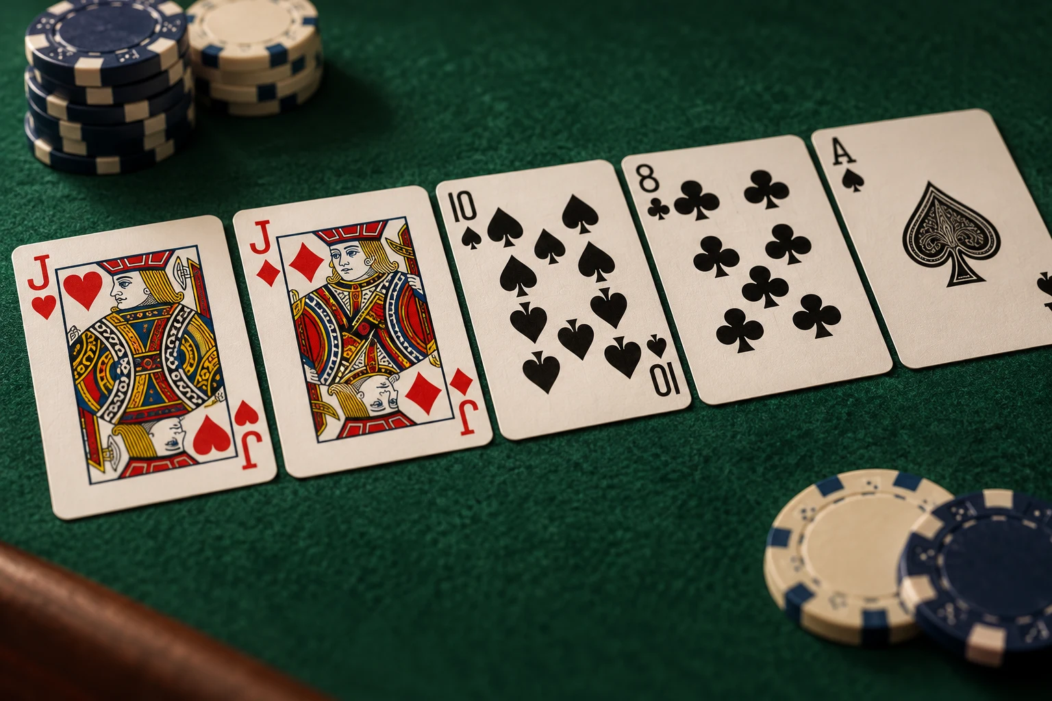 Playing cards and casino chips on green felt