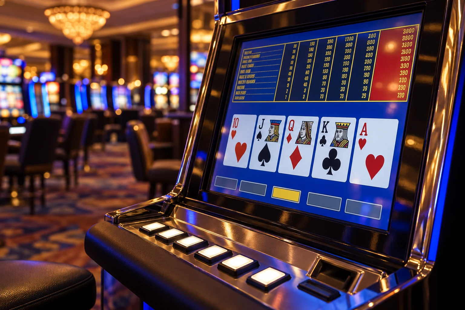 Generic video poker machine in a softly lit casino