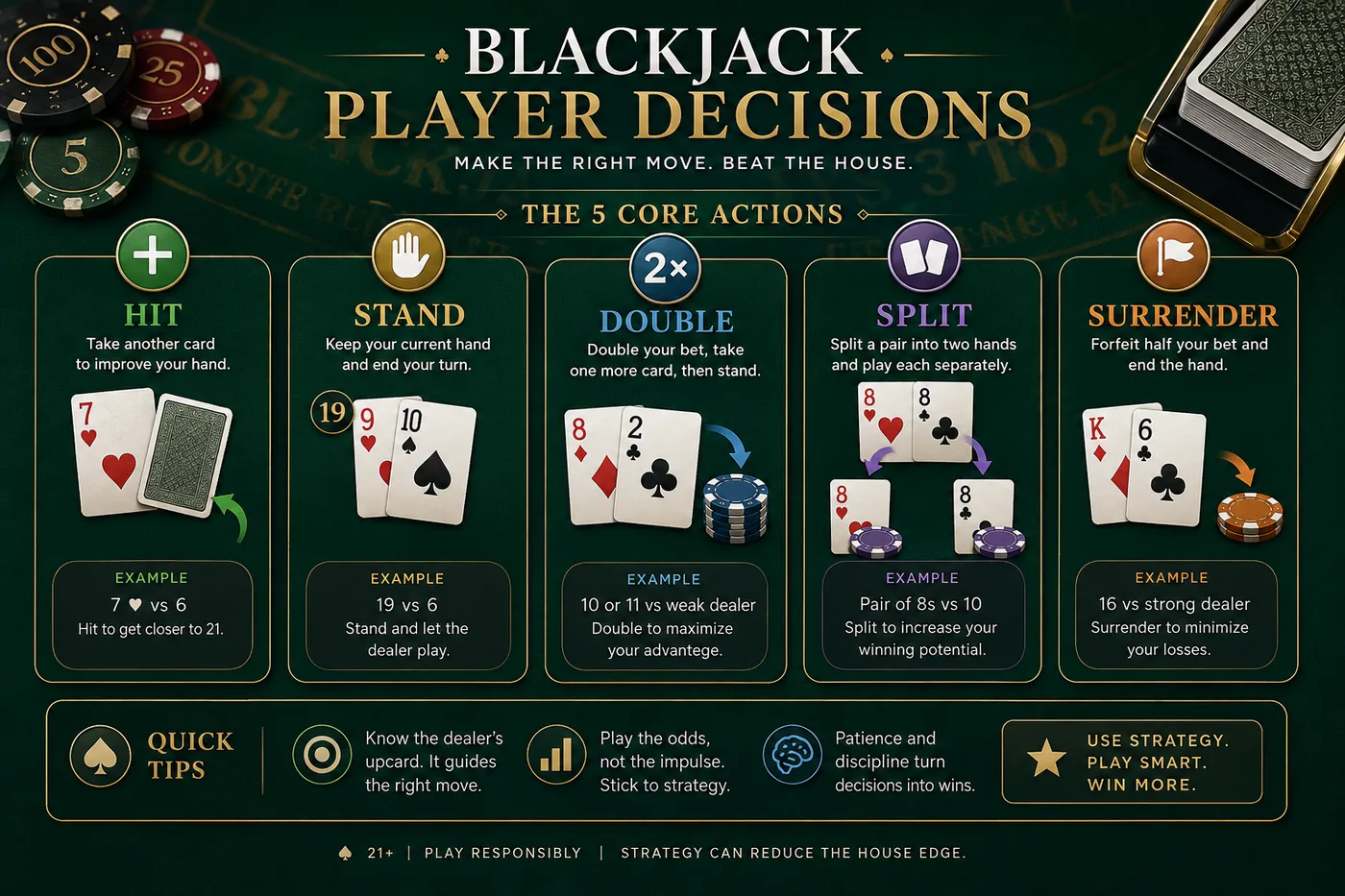 Blackjack player decisions infographic covering hit, stand, double, split, and surrender