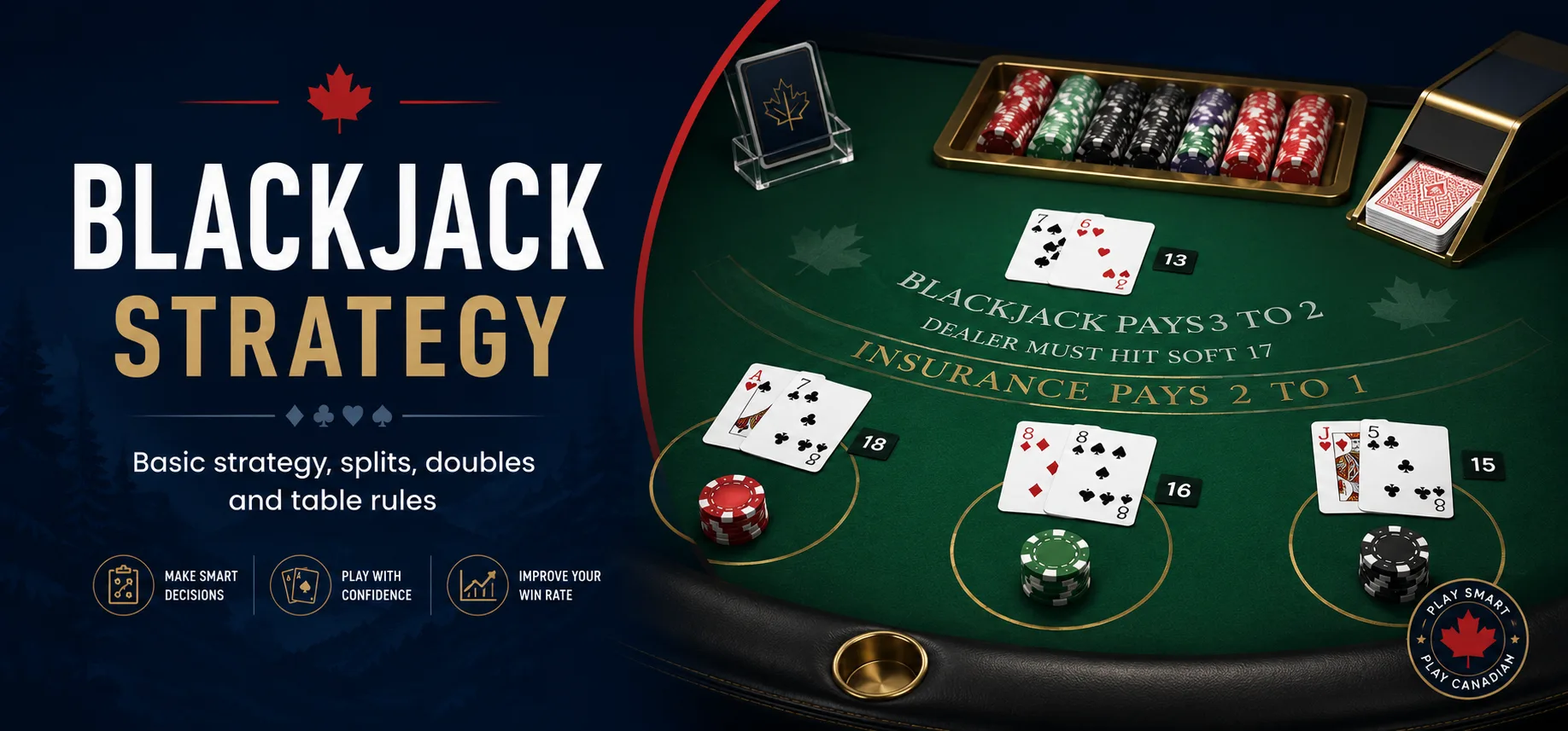 Premium blackjack strategy hero showing a Canadian-themed blackjack table, smart play concepts, and key decisions