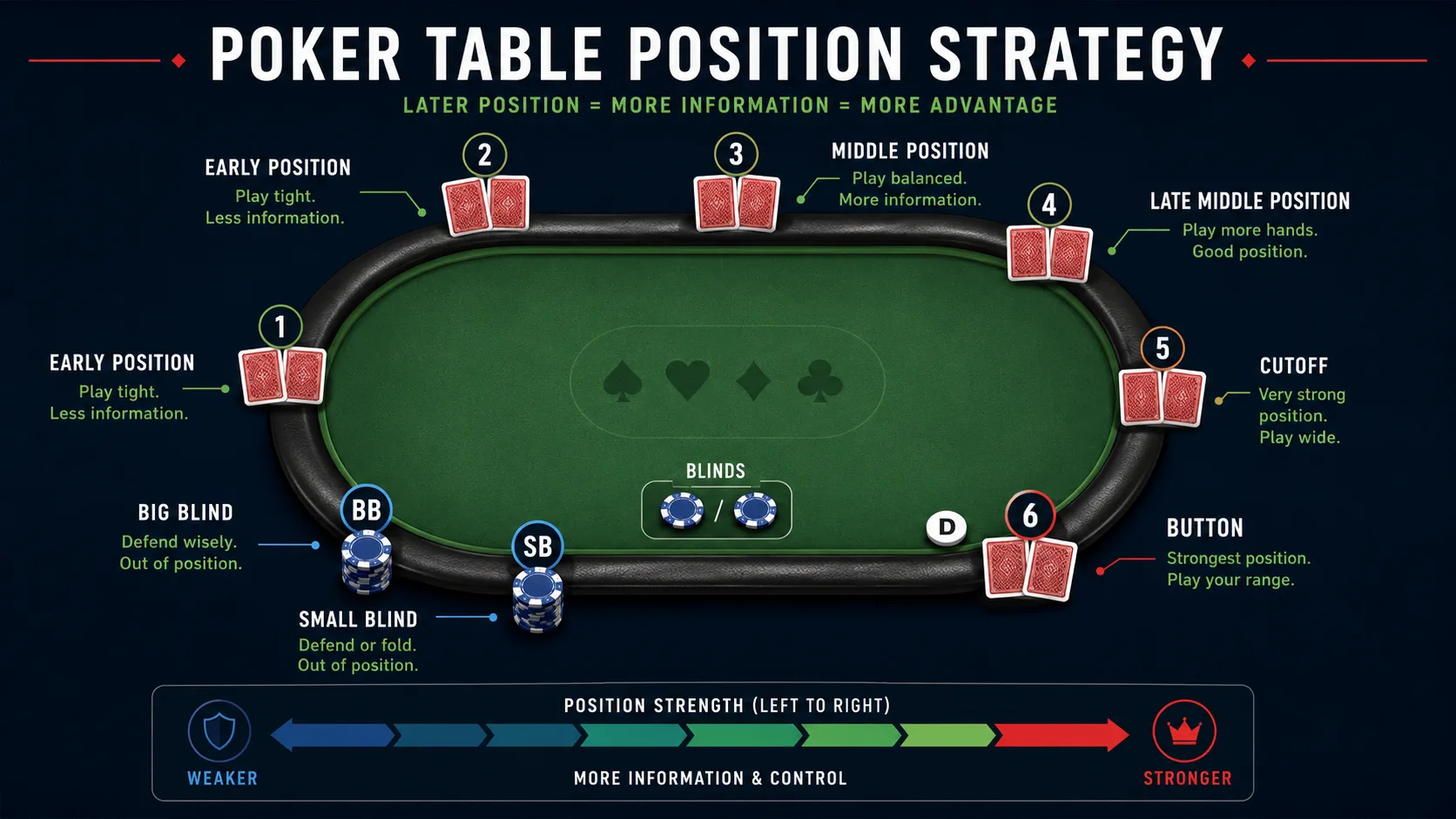 Infographic showing poker table position strategy and why later position is stronger