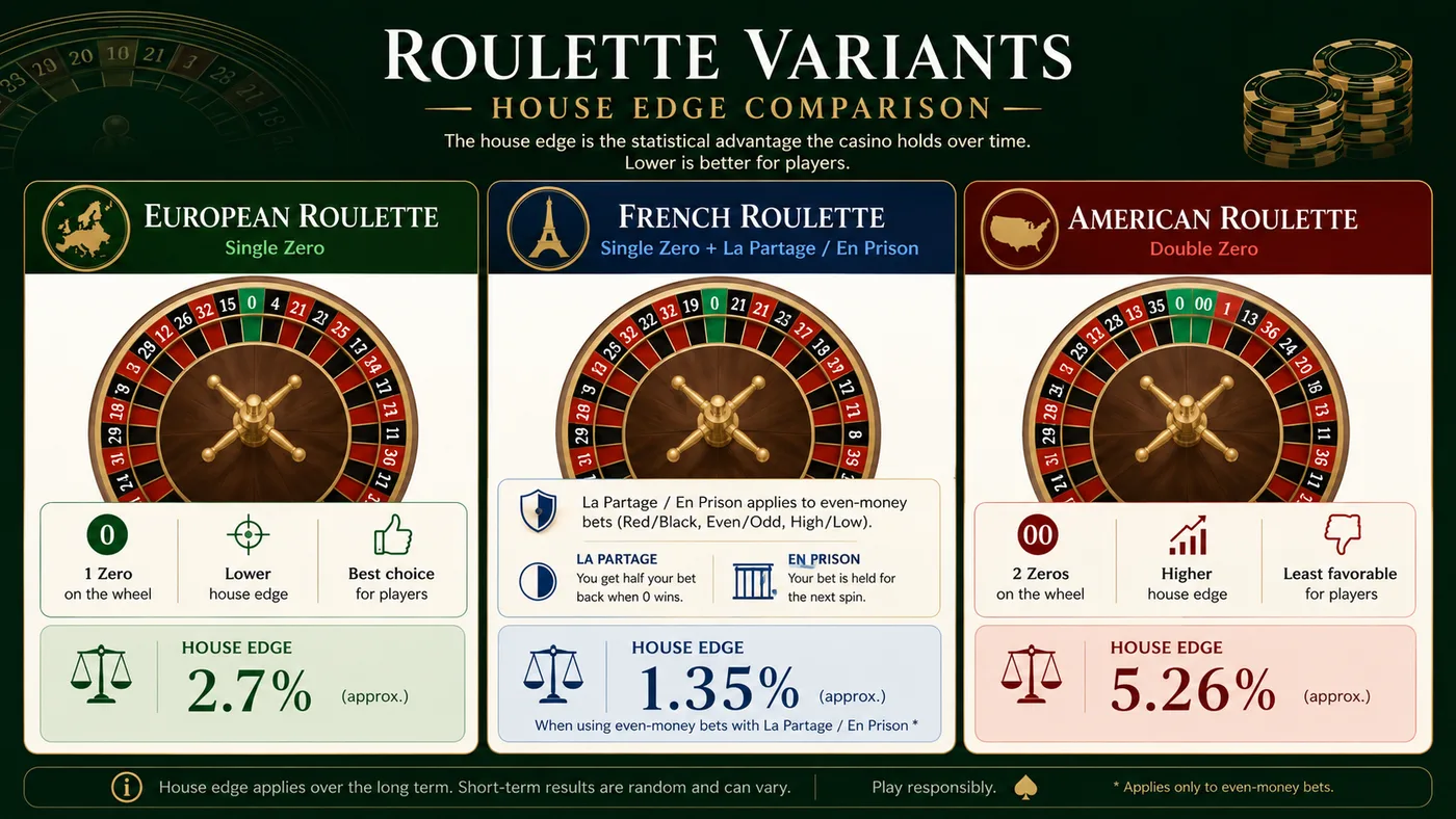 Infographic comparing French, European, and American roulette house edge