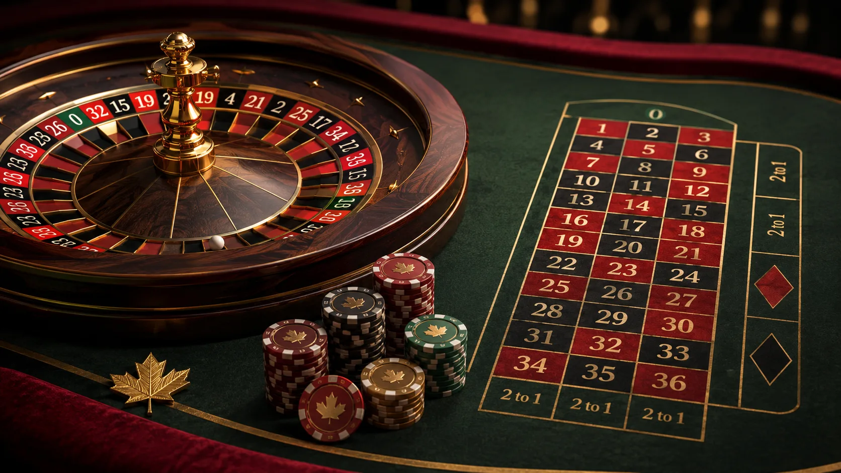 Premium roulette strategy hero showing a roulette wheel, betting layout, and Canadian-themed chips