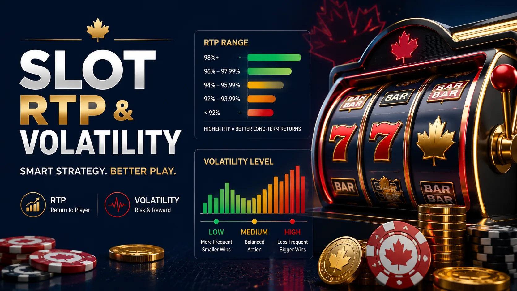 Premium slot strategy hero with slot machine, RTP chart, and volatility visuals